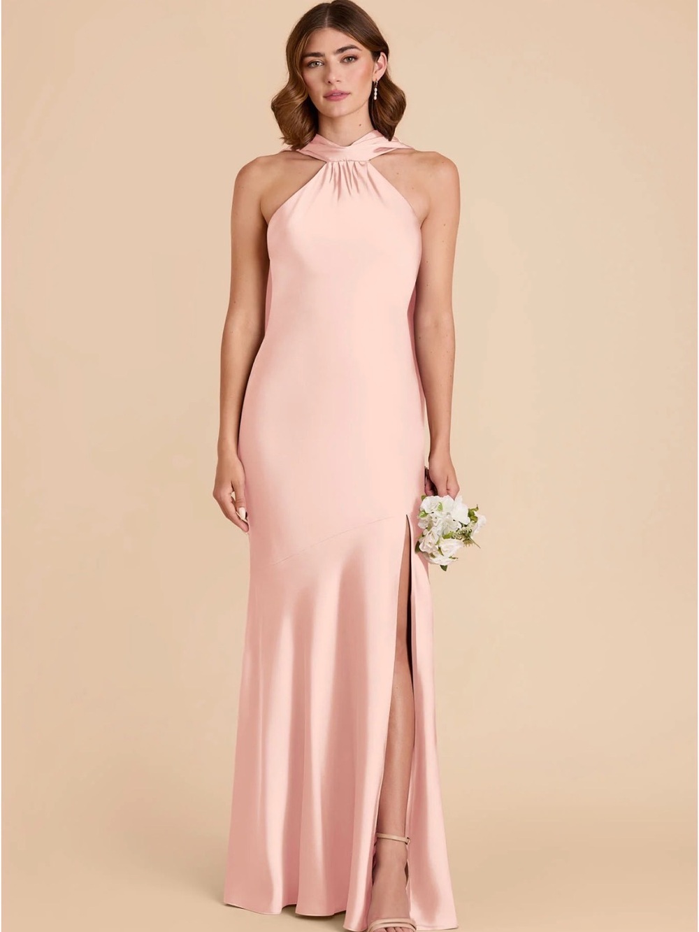 Satin Halter-Neck Maxi Dress in Blush Pink